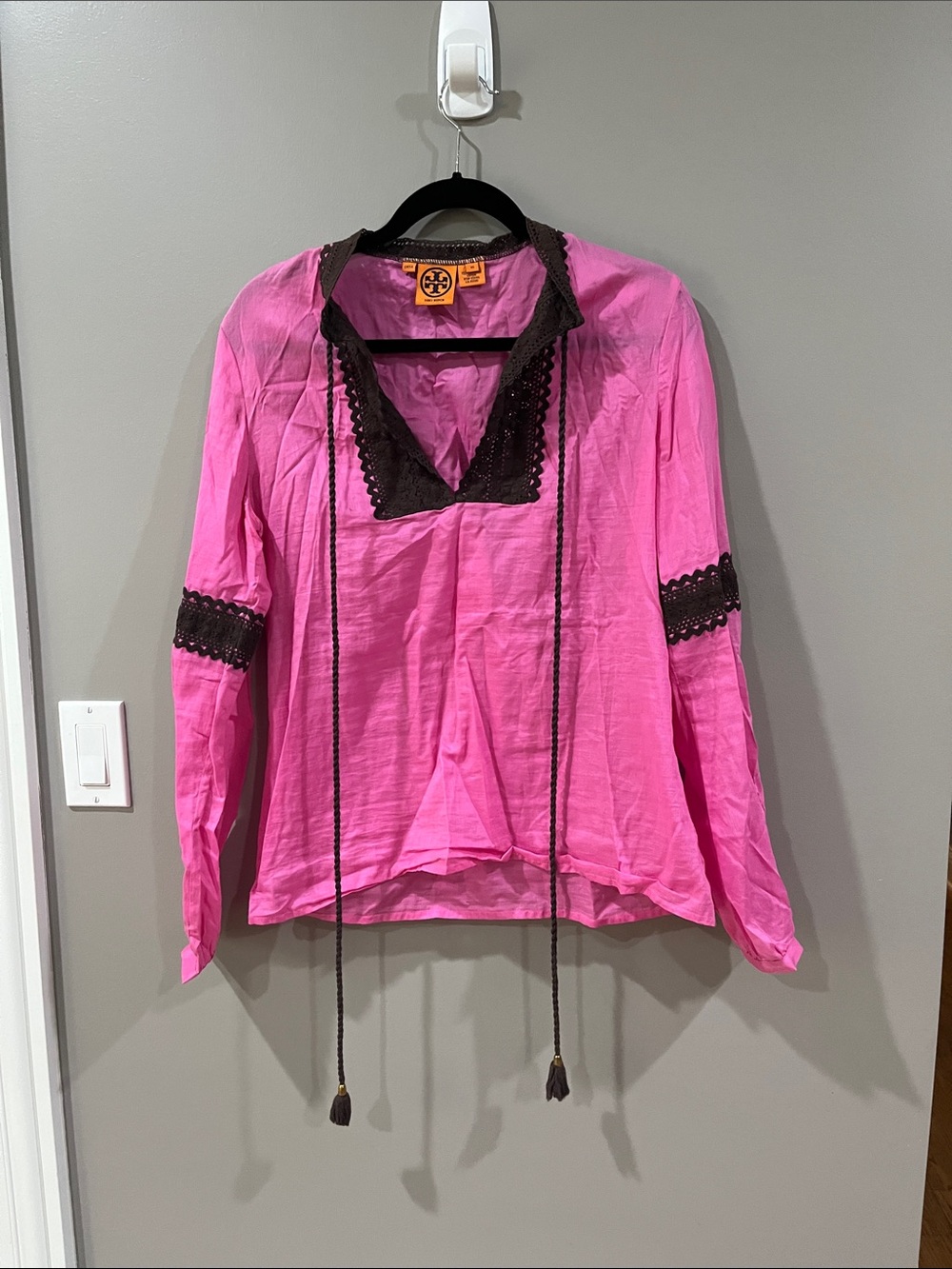 Tory Burch Hot Pink Long-Sleeve Tie-Neck Blouse with Black Lace Trim